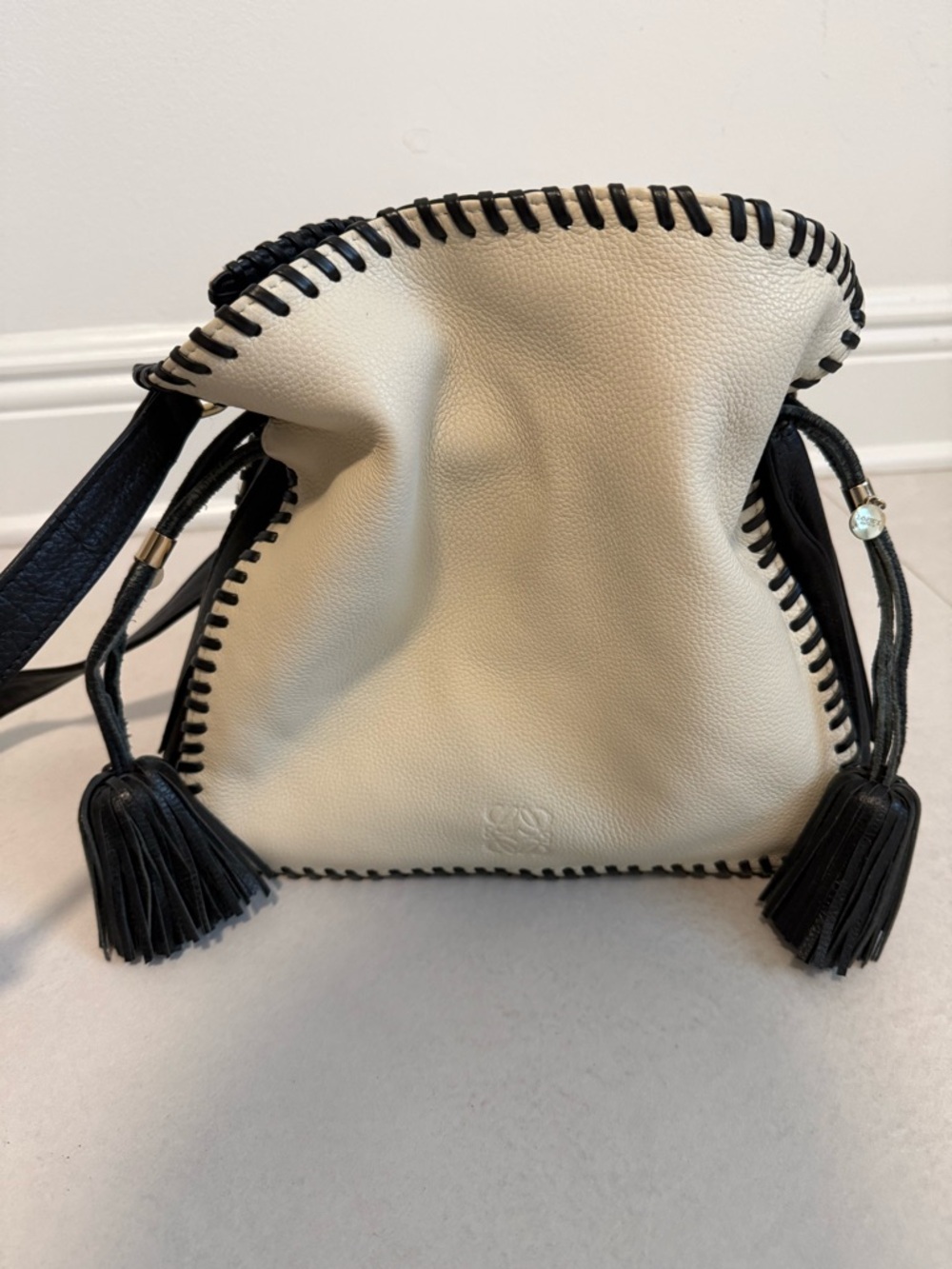 Vintage Loewe Flamenco Cream Pebbled Leather Drawstring Bag with Black Trim